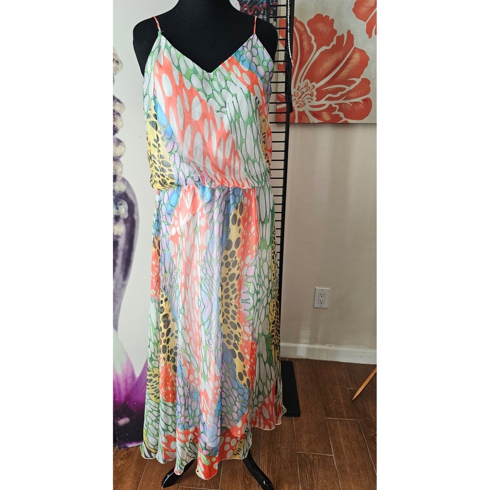 EXPLOSION Women's Maxi Dress Vibrant Abstract Print Spaghetti Strap Size 42 YJ01